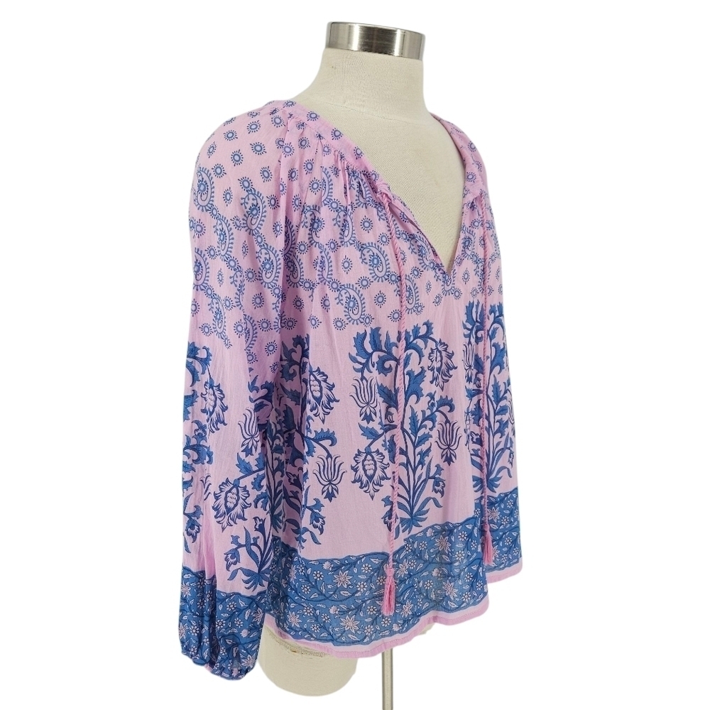 Cynthia Rowley Shirt Pink Floral Long Sleeve V Neck Tasseled Peasant Top Small - Picture 2 of 7